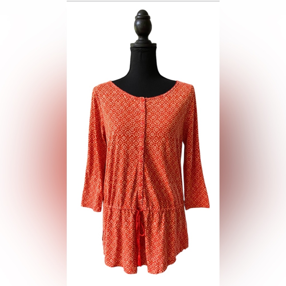 Lauren Ralph Lauren: Orange Peplum Tunic with V-Neck and 3/4 Sleeves